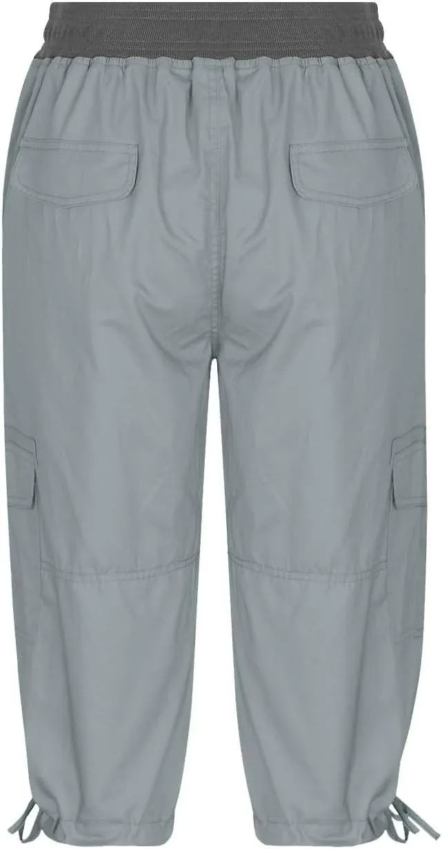 Cargo Capri Pants Women Plus Size Elastic Waist Drawstring Adjustable Legs Summer Casual Comfy Hiking Capris