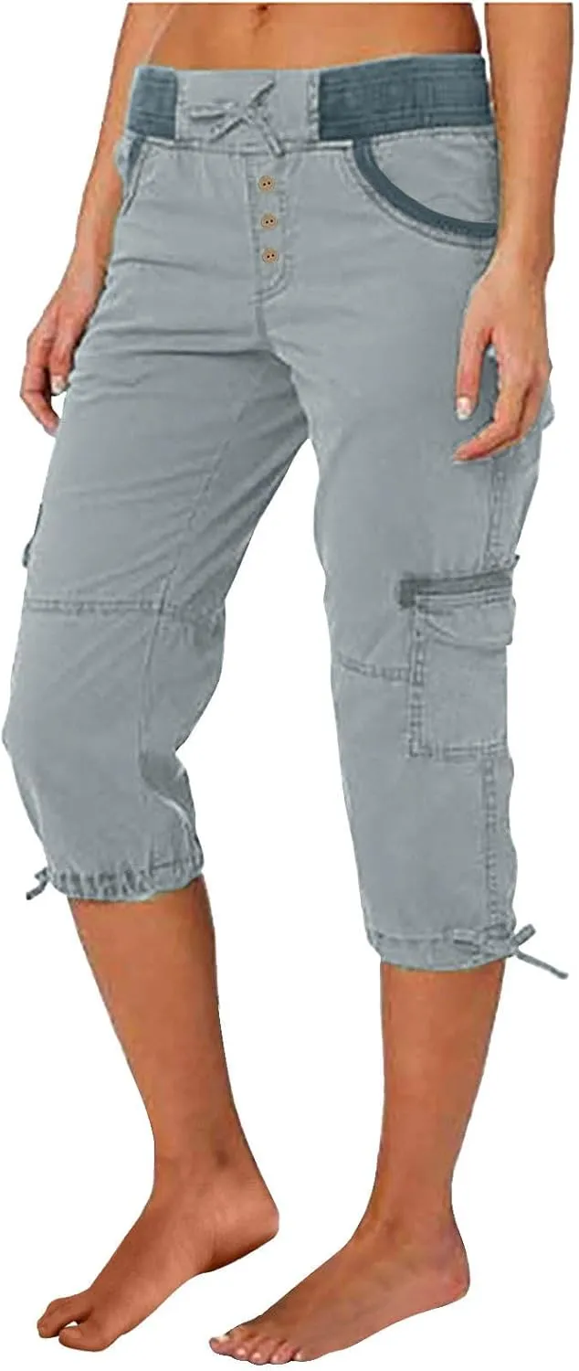 Cargo Capri Pants Women Plus Size Elastic Waist Drawstring Adjustable Legs Summer Casual Comfy Hiking Capris