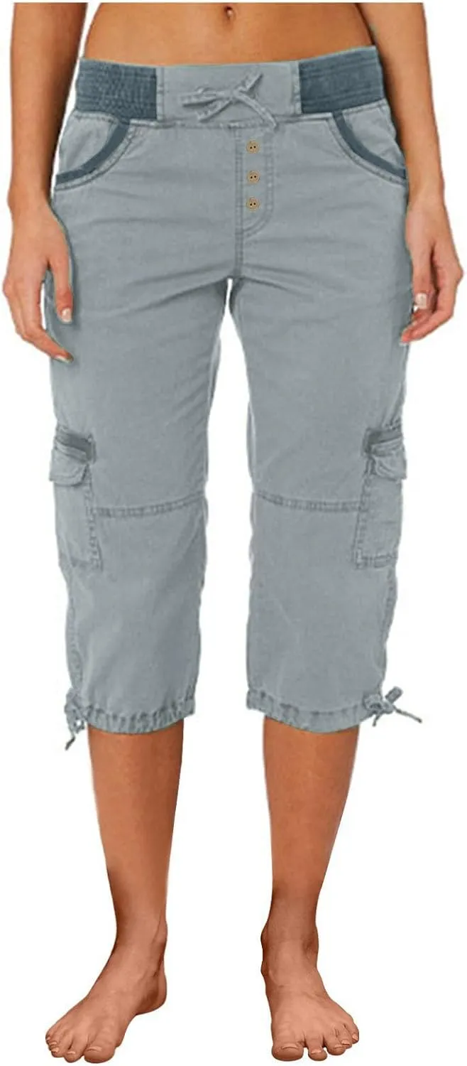 Cargo Capri Pants Women Plus Size Elastic Waist Drawstring Adjustable Legs Summer Casual Comfy Hiking Capris