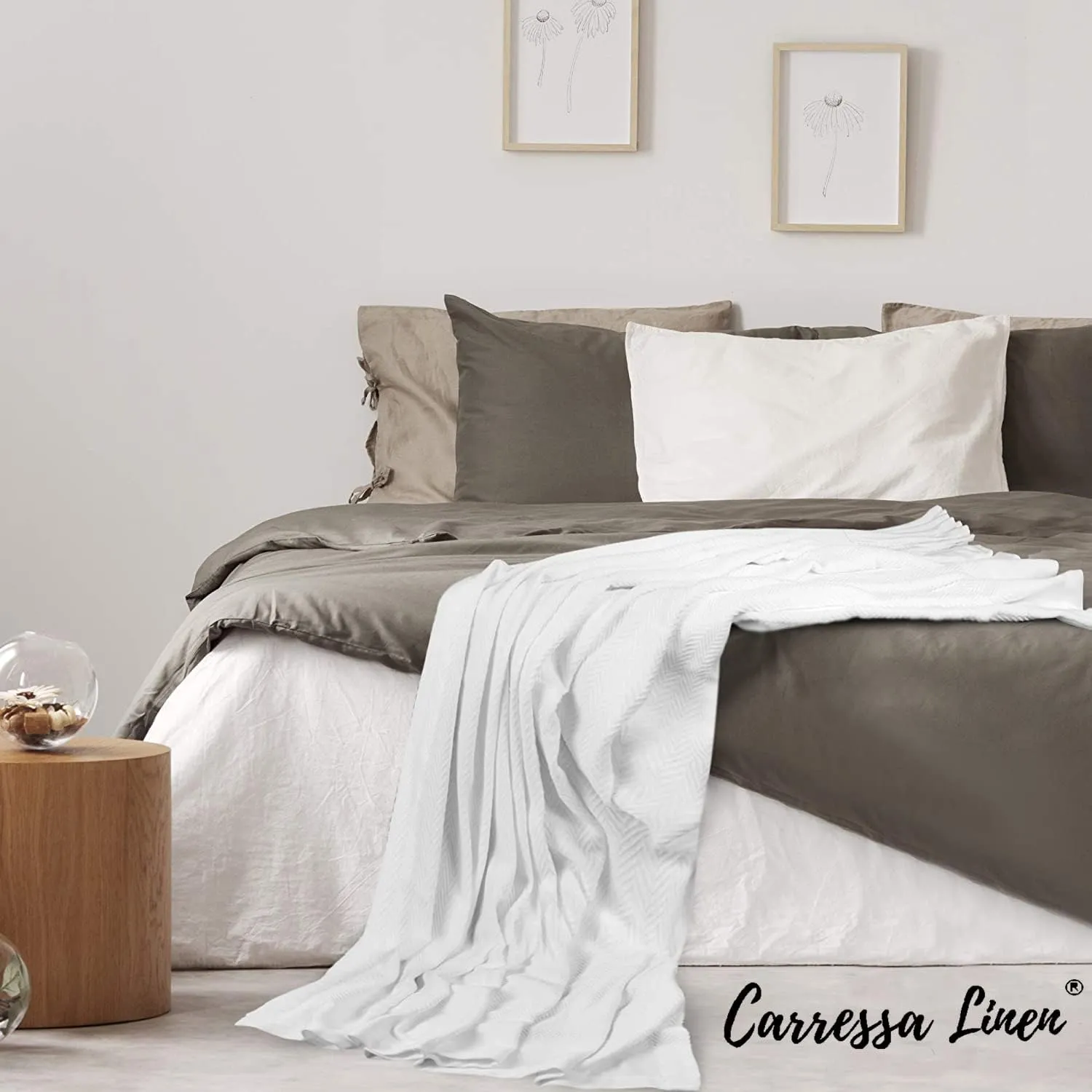 Carressa Linen Pure Cotton, Luxury King Size Dark Grey Blanket Herringbone Pattern, Lightweight, Soft & Cozy Premium Fall Bed Throw Blanket for All Seasons, 350GSM & 106X92 with Free Cotton Pouch