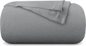 Carressa Linen Pure Cotton, Luxury King Size Dark Grey Blanket Herringbone Pattern, Lightweight, Soft & Cozy Premium Fall Bed Throw Blanket for All Seasons, 350GSM & 106X92 with Free Cotton Pouch