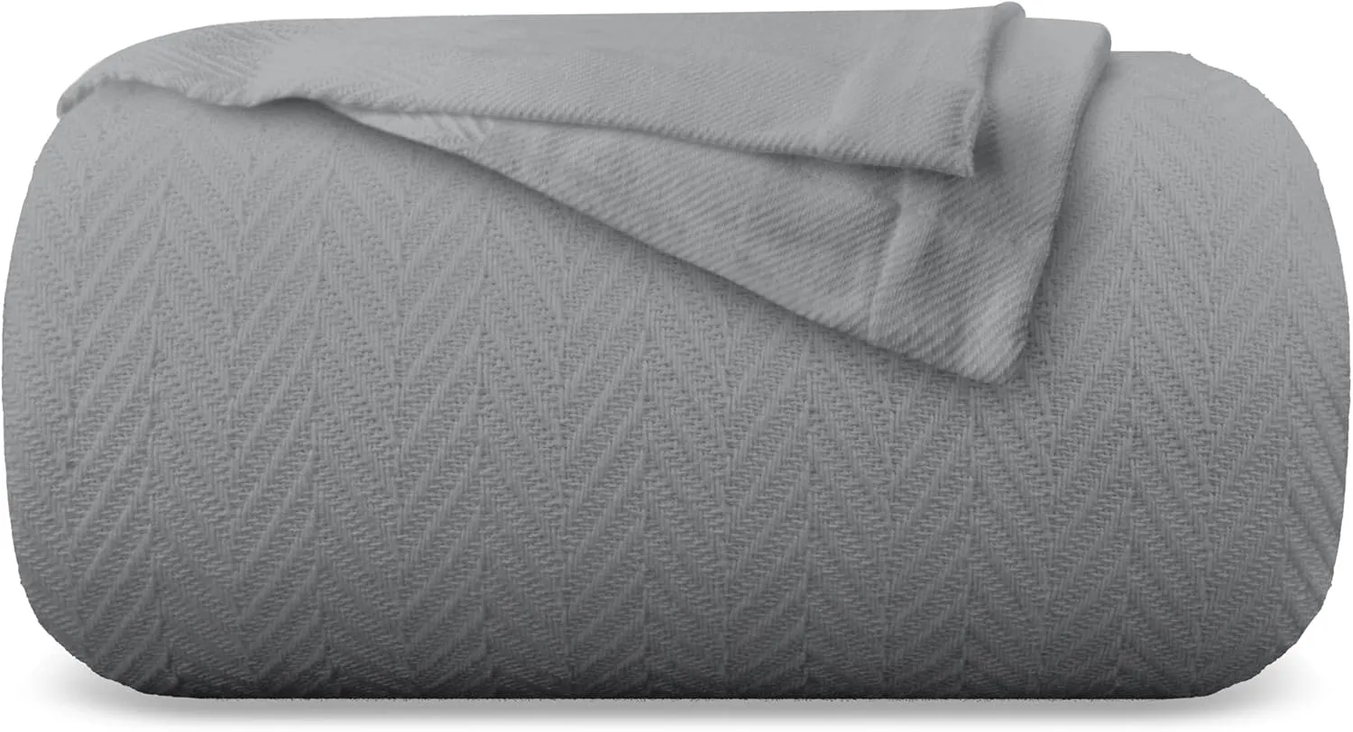 Carressa Linen Pure Cotton, Luxury King Size Dark Grey Blanket Herringbone Pattern, Lightweight, Soft & Cozy Premium Fall Bed Throw Blanket for All Seasons, 350GSM & 106X92 with Free Cotton Pouch