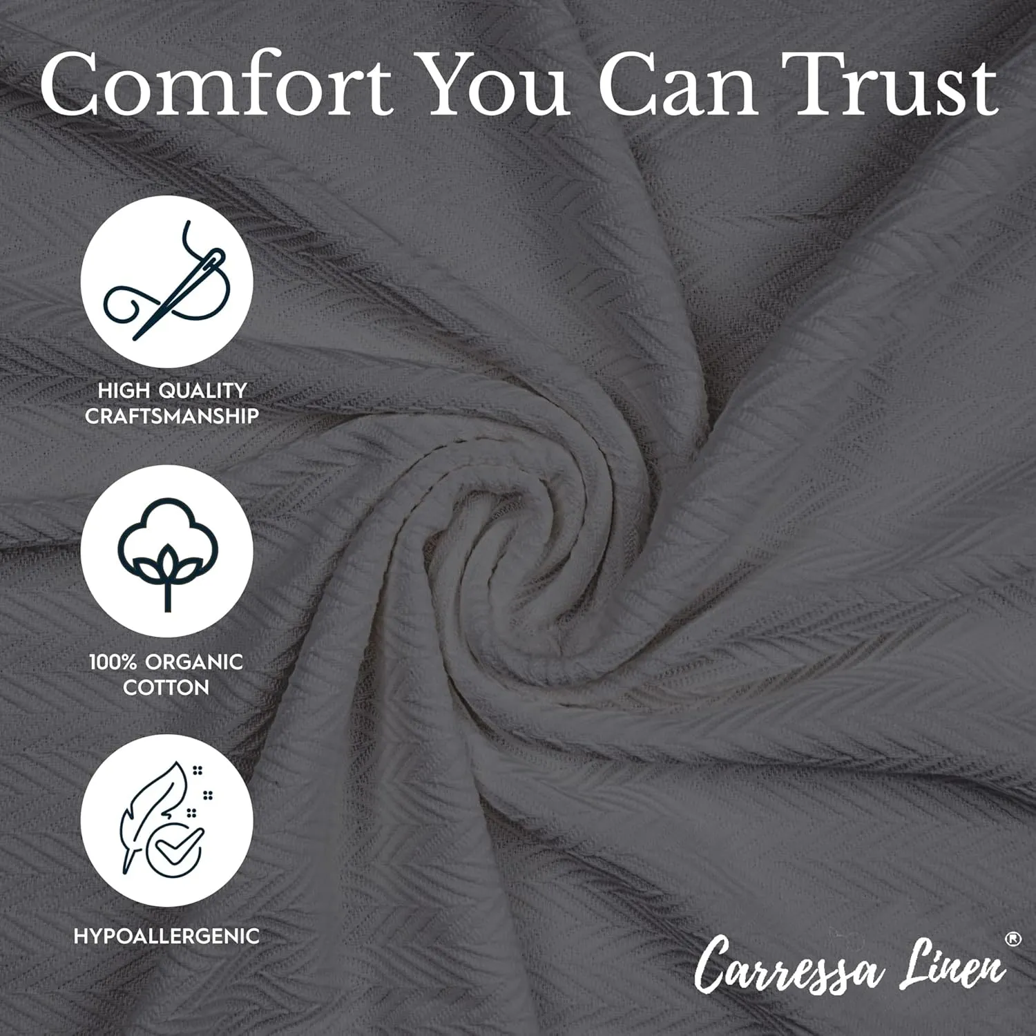 Carressa Linen Pure Cotton, Luxury King Size Dark Grey Blanket Herringbone Pattern, Lightweight, Soft & Cozy Premium Fall Bed Throw Blanket for All Seasons, 350GSM & 106X92 with Free Cotton Pouch