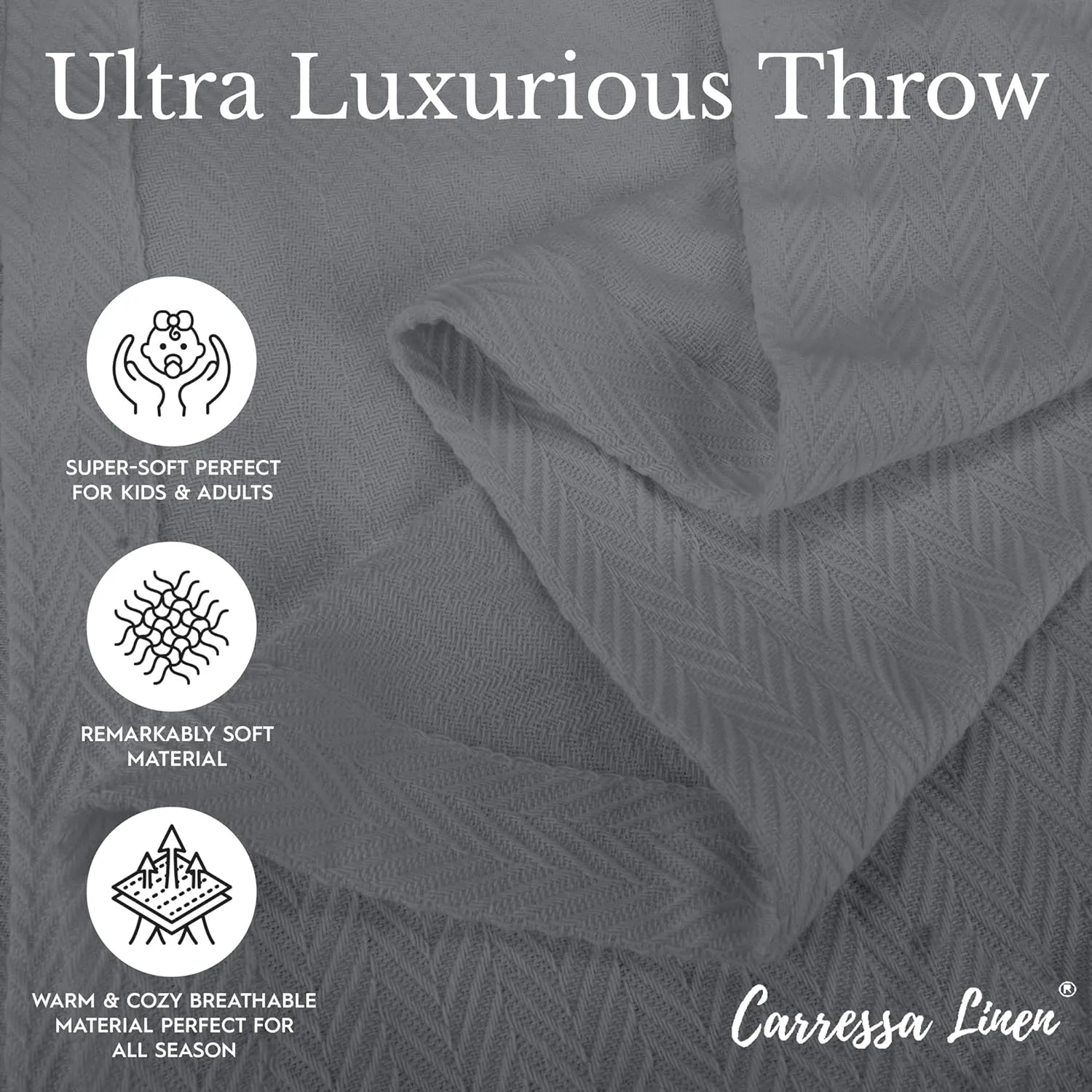 Carressa Linen Pure Cotton, Luxury King Size Dark Grey Blanket Herringbone Pattern, Lightweight, Soft & Cozy Premium Fall Bed Throw Blanket for All Seasons, 350GSM & 106X92 with Free Cotton Pouch