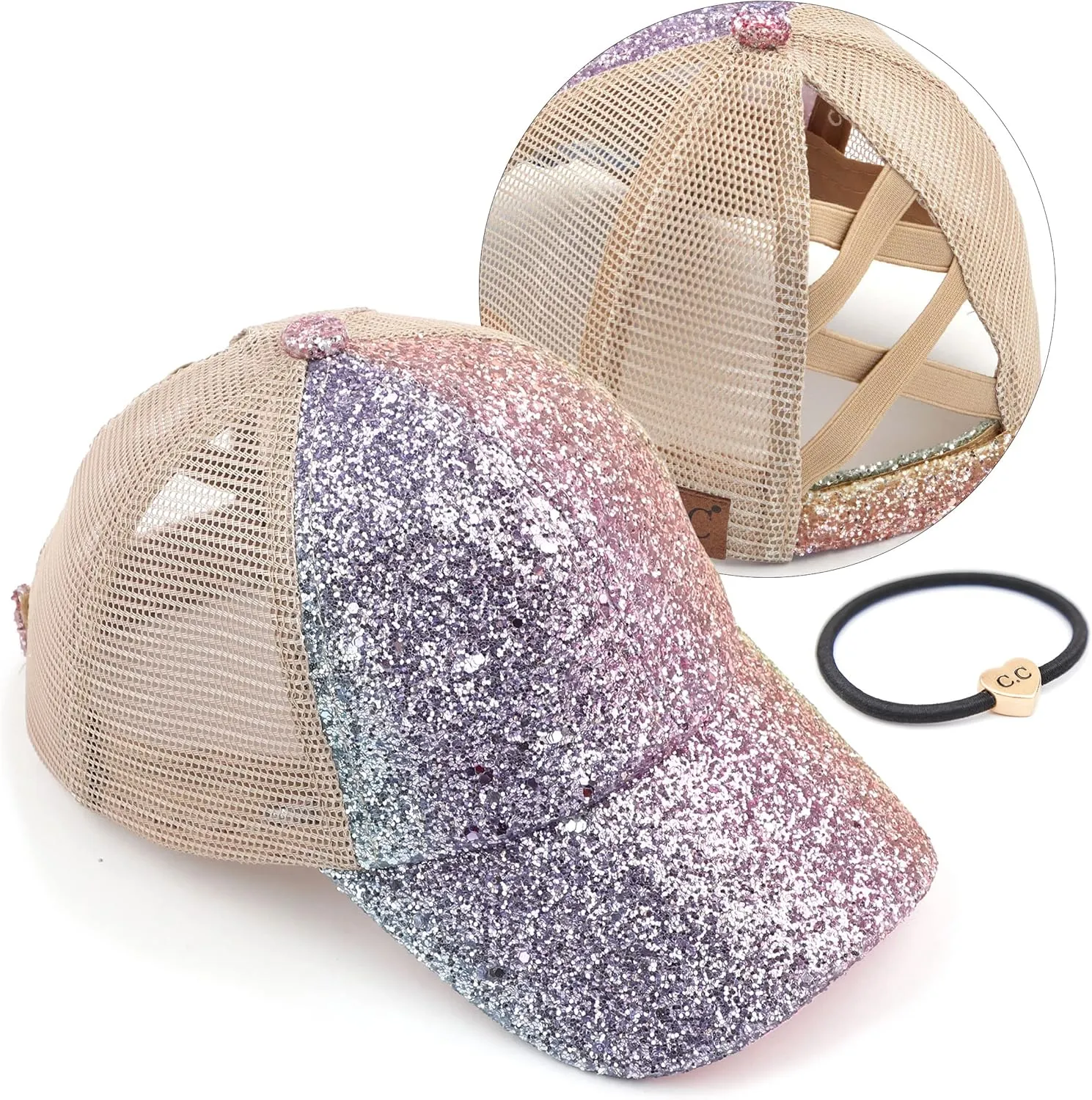 C.C Ponycap Messy High Bun Ponytail Adjustable Glitter Mesh Trucker Baseball Cap