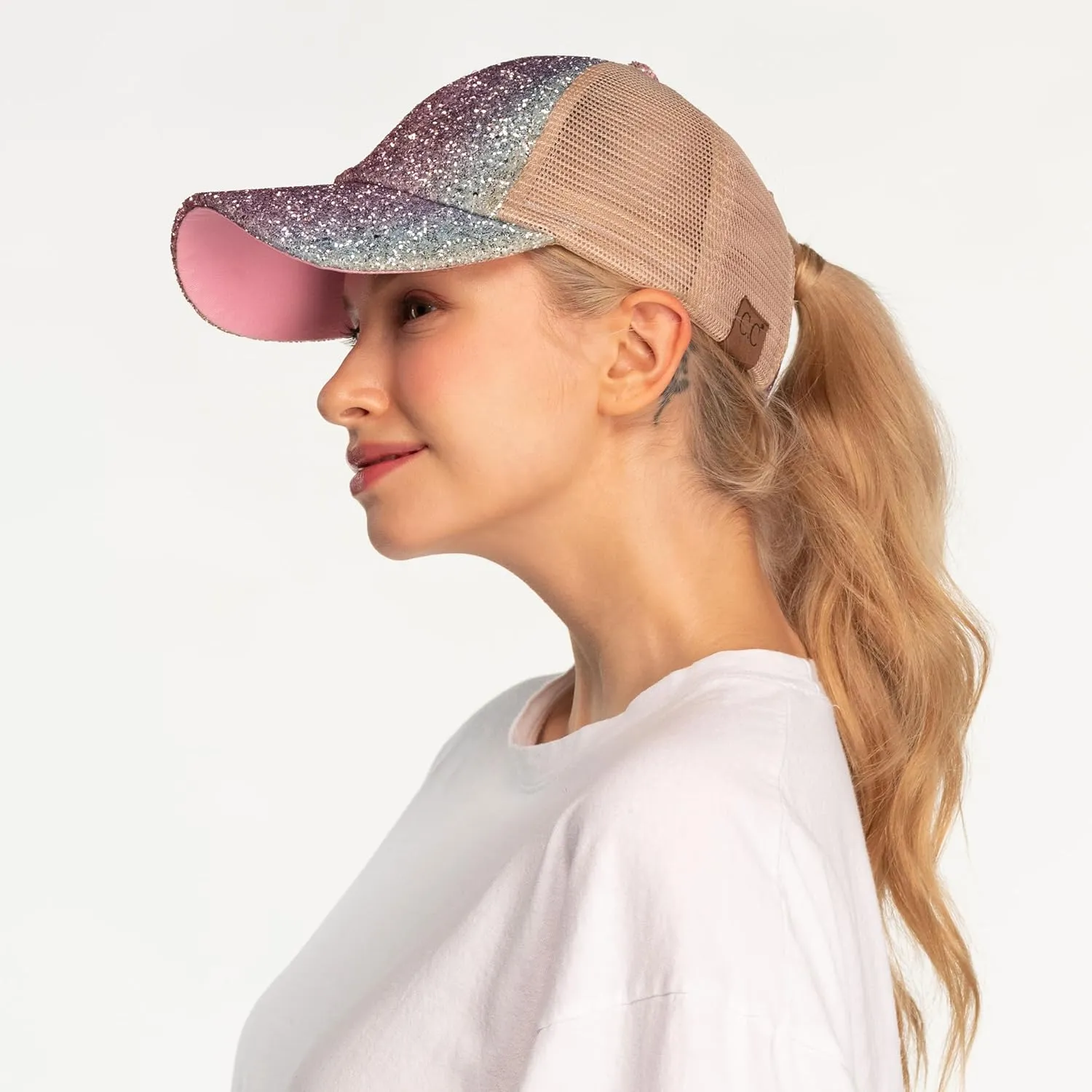 C.C Ponycap Messy High Bun Ponytail Adjustable Glitter Mesh Trucker Baseball Cap