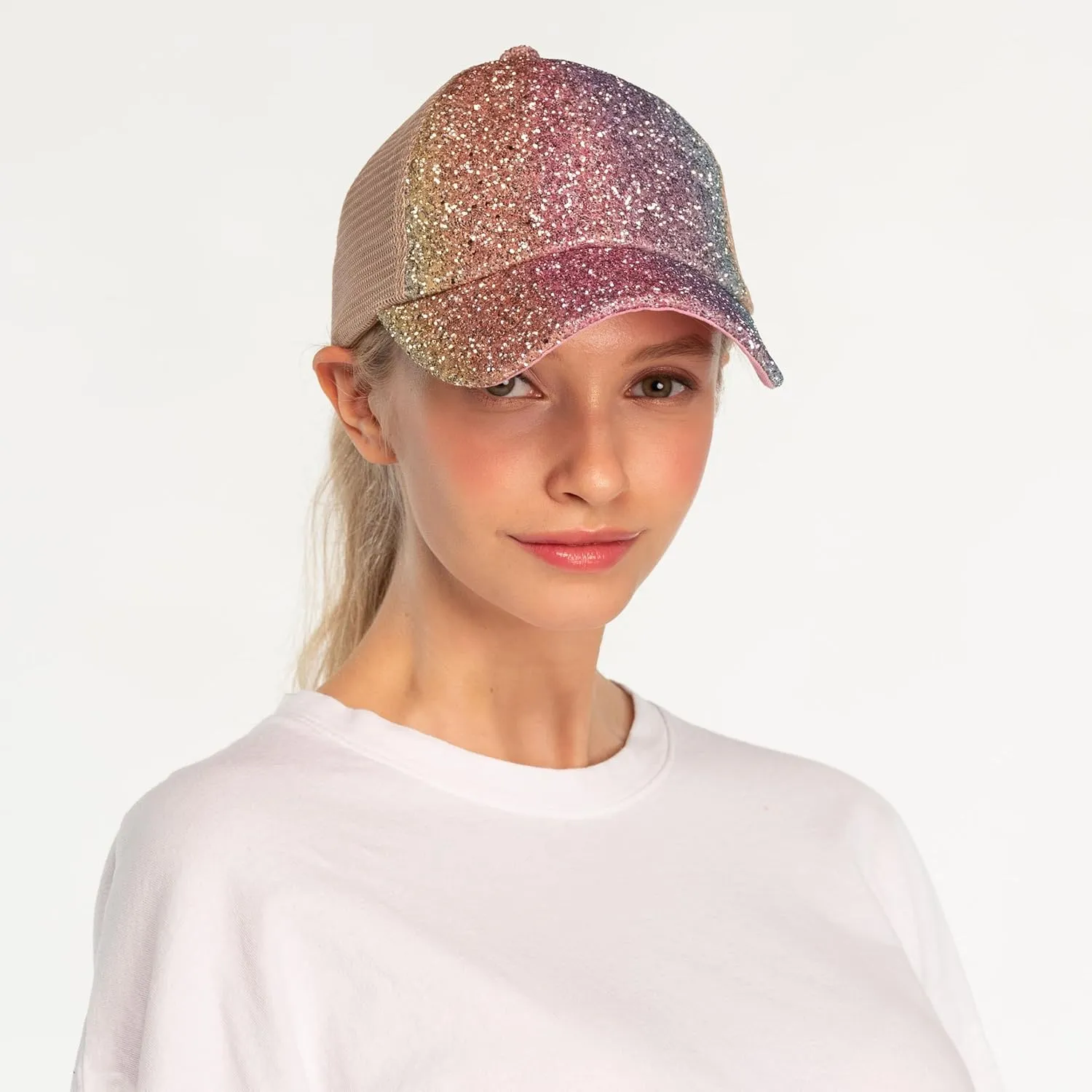C.C Ponycap Messy High Bun Ponytail Adjustable Glitter Mesh Trucker Baseball Cap