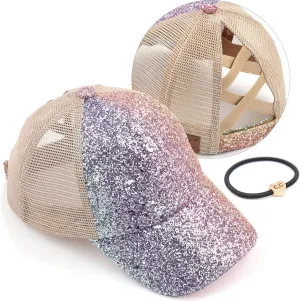 C.C Ponycap Messy High Bun Ponytail Adjustable Glitter Mesh Trucker Baseball Cap