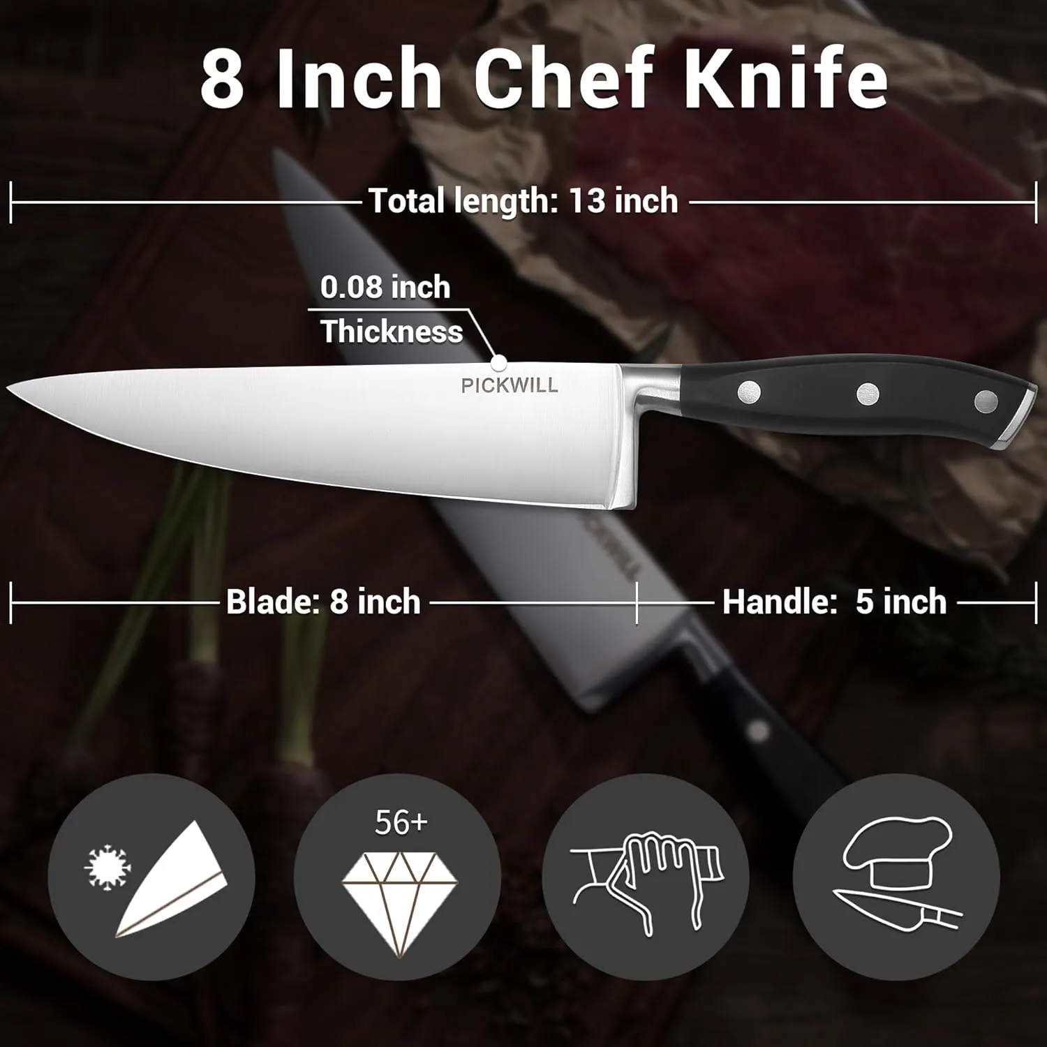 Chef Knife, 8 Inch Professional Kitchen Knife, High Carbon Stainless Steel Ultra Sharp Chefs Knife Ergonomic ABS Handle & Gift Box for Family and Restaurant