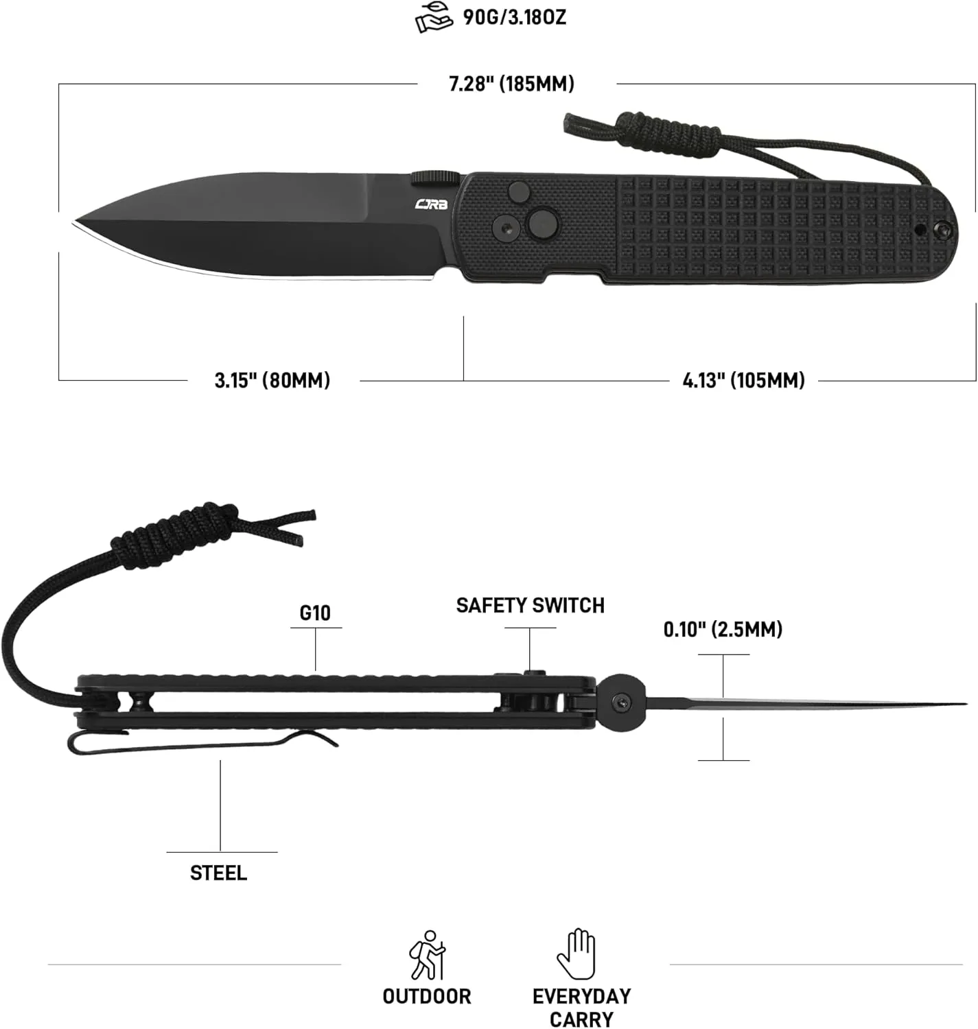 CJRB Locust Pocket Knife for Men with 3.15'' AR-RPM9 Steel Blade and G10 Handle, Button Lock with Safety Switch EDC Knife for Camping Survival(1951 Black)