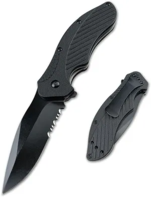 Clash Black Serrated Pocket Folding knife, 3"" 8Cr13MoV Steel Drop Point Blade, Assisted One-Handed Flipper Opening, Utility EDC for Outdoor Camping Survival