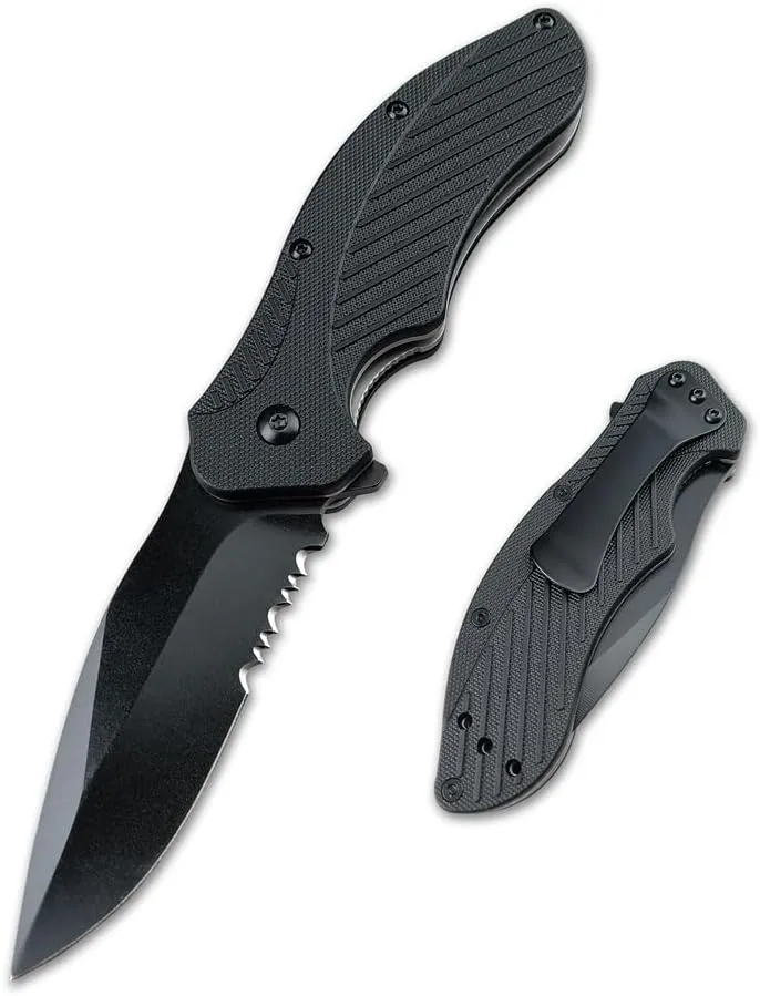 Clash Black Serrated Pocket Folding knife, 3"" 8Cr13MoV Steel Drop Point Blade, Assisted One-Handed Flipper Opening, Utility EDC for Outdoor Camping Survival