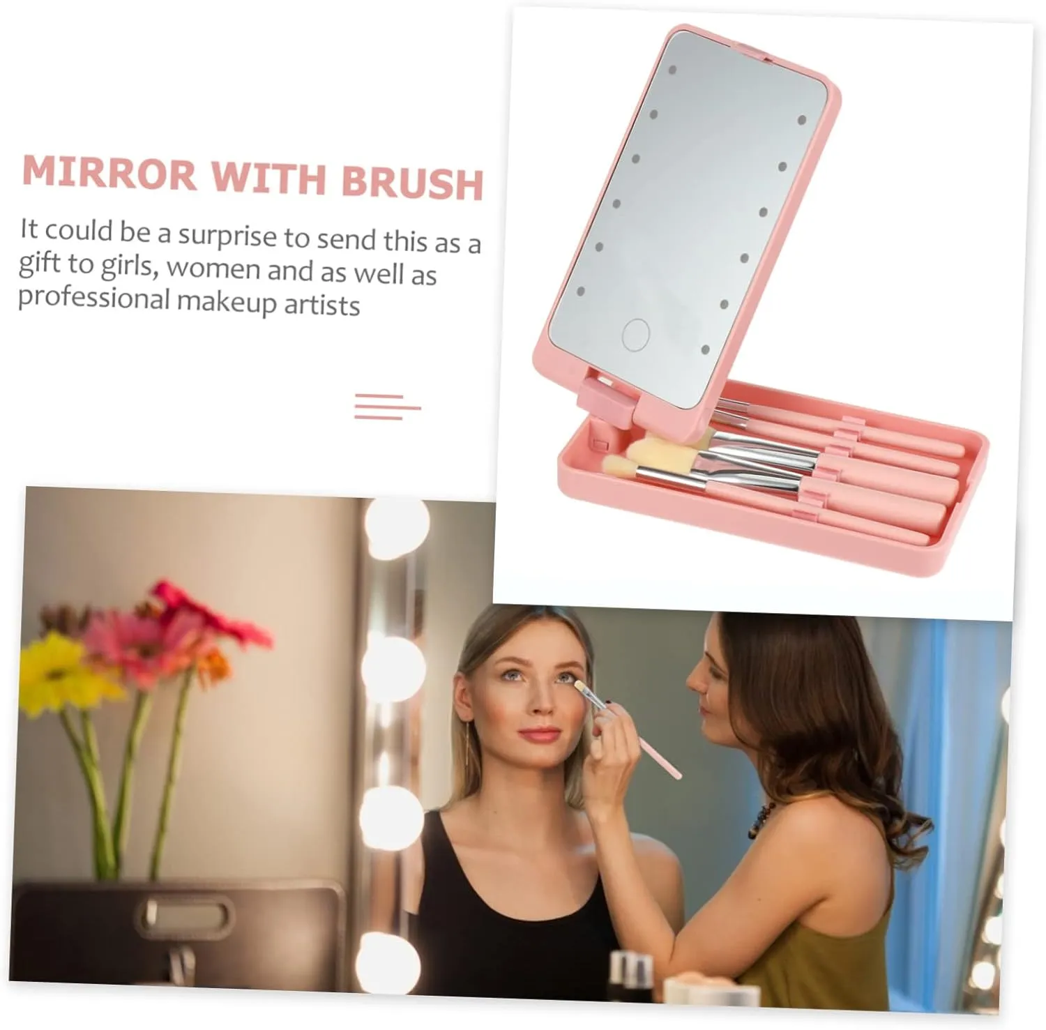 CLISPEED 5pcs LED Folding Makeup Mirror with Brush Portable Cosmetic Mirror for Travel High Definition Surface Creative Rotatable Design for Handbag and Home Use