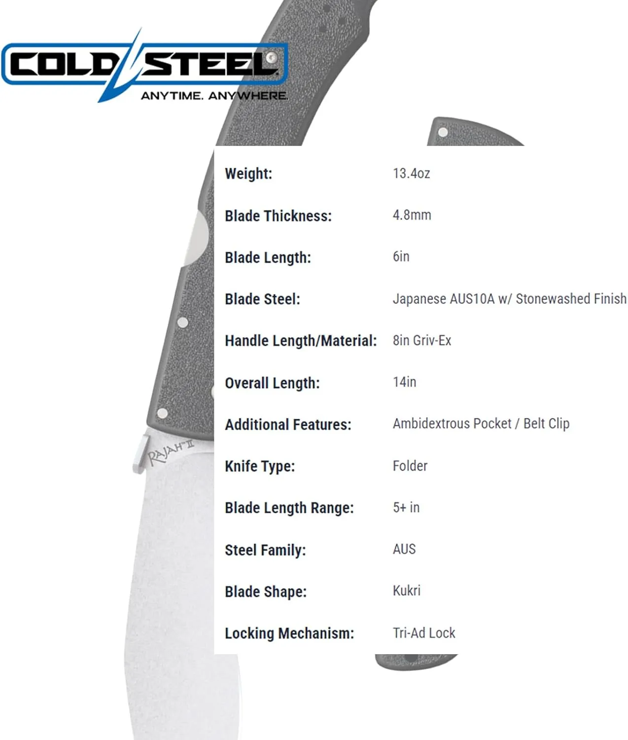 Cold Steel Rajah Series Japanese AUS10A Razor-Sharp Blade Griv-Ex Handle Tactical Folding Knife with Tri-Ad Lock, Ambidextrous Pocket/Belt Clip