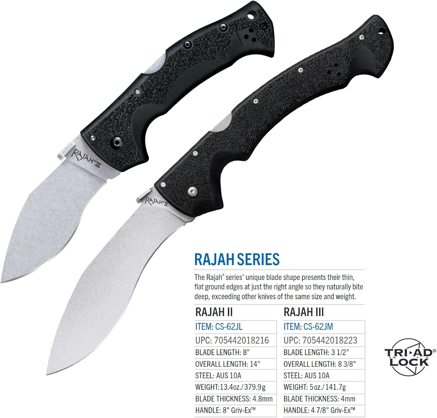 Cold Steel Rajah Series Japanese AUS10A Razor-Sharp Blade Griv-Ex Handle Tactical Folding Knife with Tri-Ad Lock, Ambidextrous Pocket/Belt Clip