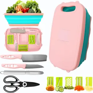 Collapsible Cutting Board with Colander - Kitchen Vegetable Washing Basket, 10-In-1 Chopping Board Set, Camping Essentials for BBQ, RV Campers, Camping (pink)