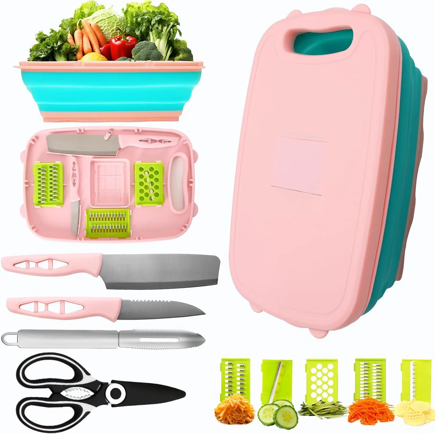 Collapsible Cutting Board with Colander - Kitchen Vegetable Washing Basket, 10-In-1 Chopping Board Set, Camping Essentials for BBQ, RV Campers, Camping (pink)