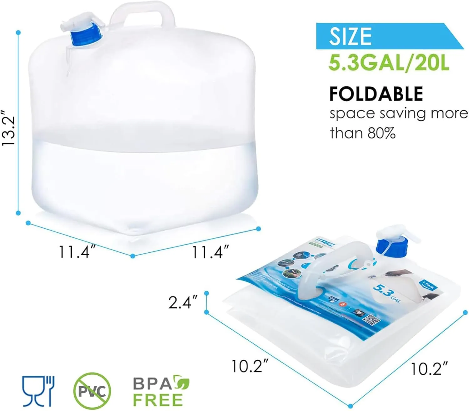 Collapsible Water Container with Spigot, 2×5.3 Gallon BPA Free Camping Water Storage Jug Carrier for Outdoors Hiking Backpack RV&Emergency, Survival Water Canteen-Portable Foldable Transparent