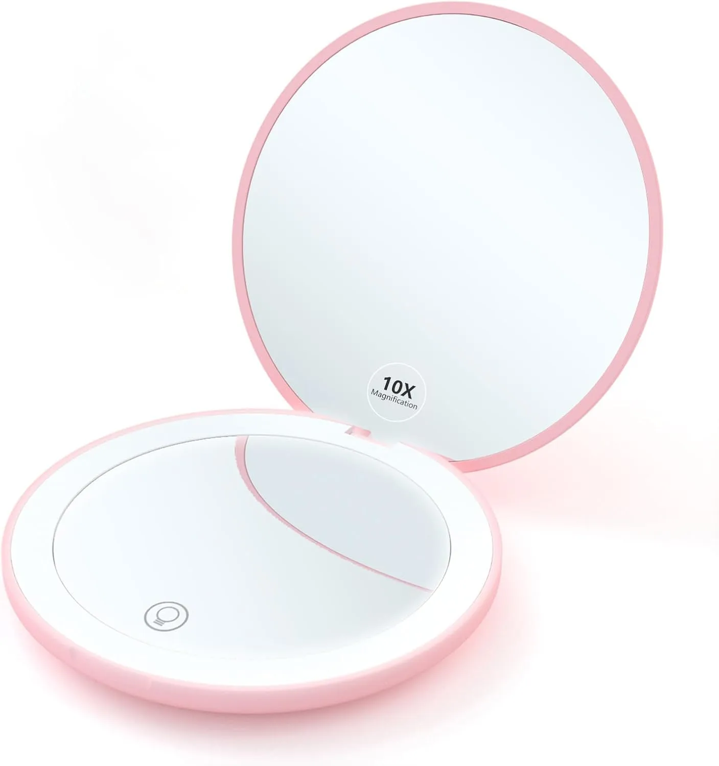 Compact 3.5inch Rechargeable Travel Makeup Mirror，10x Magnification Dual-sided Circular Folding Design LED-Lit Pocket Mirror Convenient Portable Mirror for Women, Girls, Students Ideal Gift(Pink)