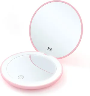 Compact 3.5inch Rechargeable Travel Makeup Mirror，10x Magnification Dual-sided Circular Folding Design LED-Lit Pocket Mirror Convenient Portable Mirror for Women, Girls, Students Ideal Gift(Pink)
