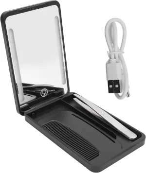 Compact Lighted Mirror, Rechargeable LED Fill Light Travel Makeup Mirror with Comb and Eyebrow Tweezer for Travel, Home, Dormitories (Black)