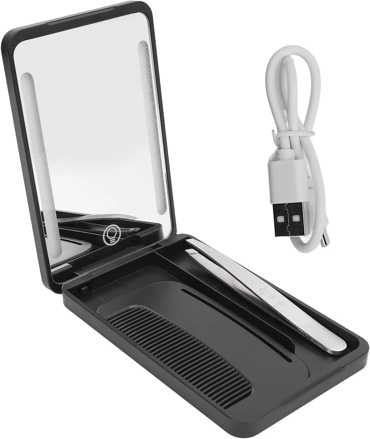 Compact Lighted Mirror, Rechargeable LED Fill Light Travel Makeup Mirror with Comb and Eyebrow Tweezer for Travel, Home, Dormitories (Black)