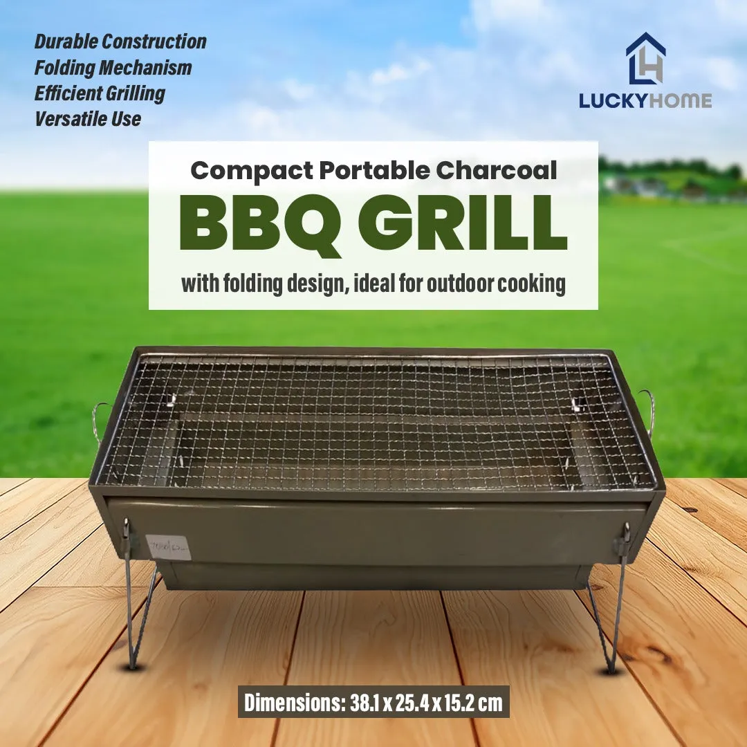 Compact portable charcoal BBQ grill with folding design, ideal for outdoor cooking.