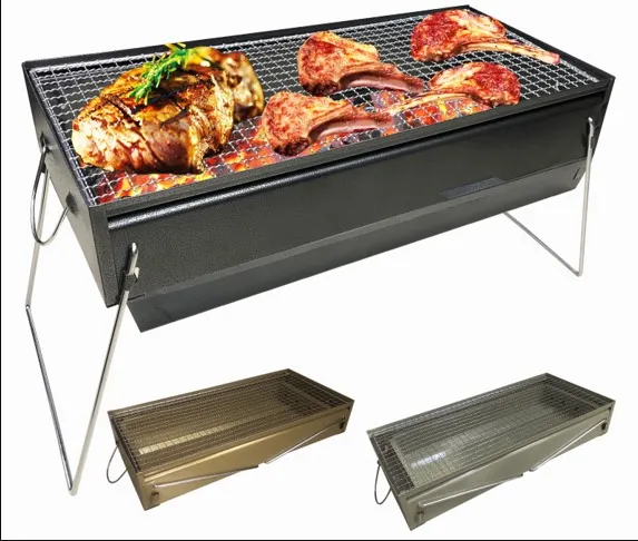 Compact portable charcoal BBQ grill with folding design, ideal for outdoor cooking.