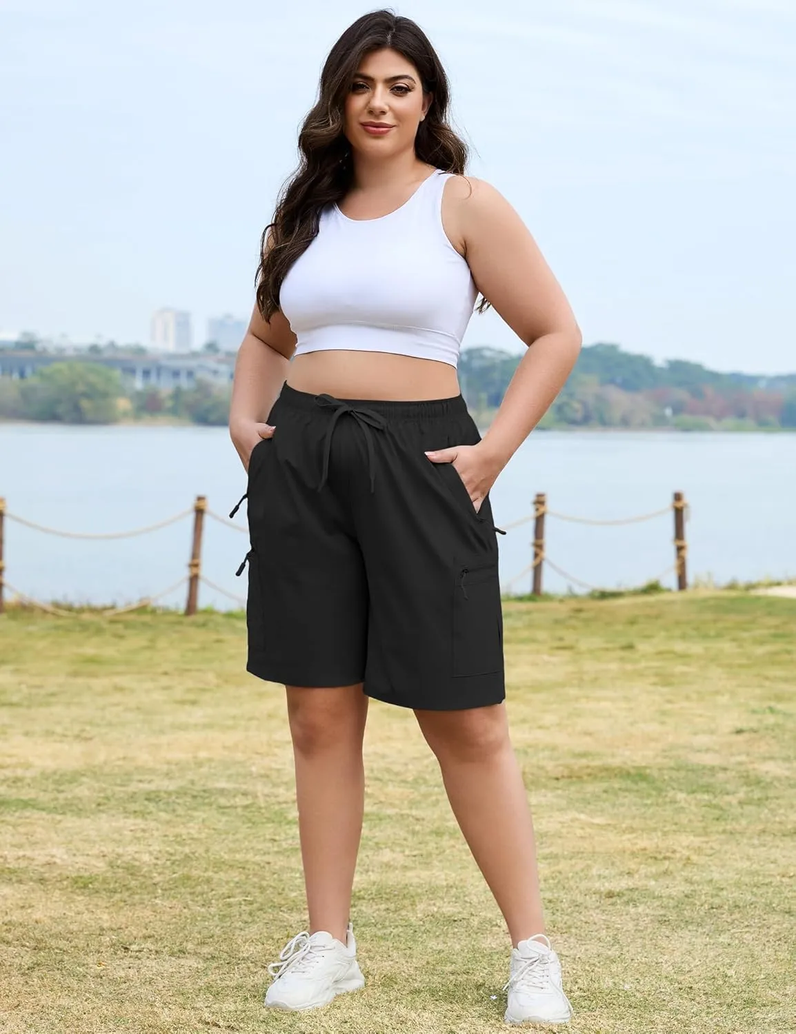COOTRY Women's Plus Size 9'' Hiking Cargo Shorts Quick Dry Athletic Travel Golf Bermuda Shorts with Zipper Pockets