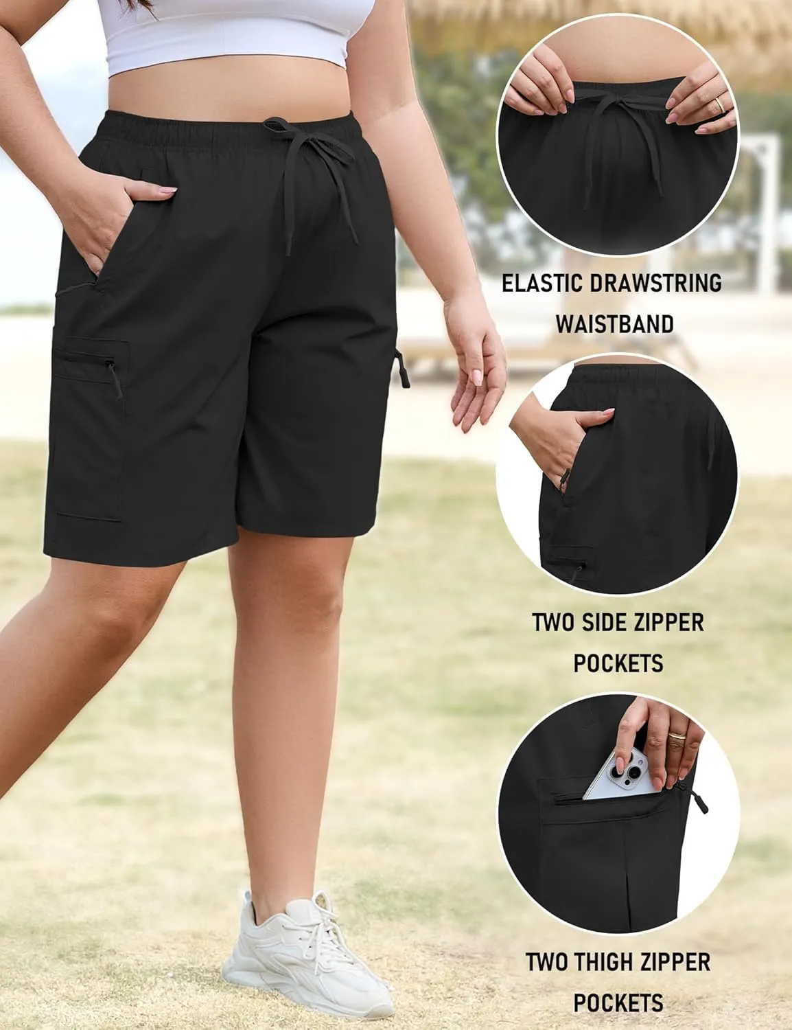 COOTRY Women's Plus Size 9'' Hiking Cargo Shorts Quick Dry Athletic Travel Golf Bermuda Shorts with Zipper Pockets