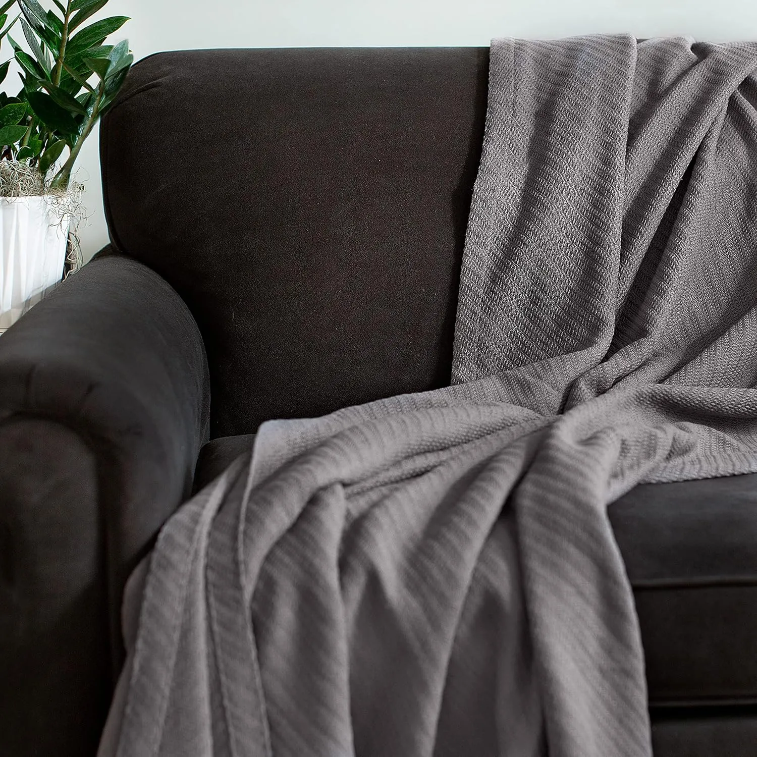COTTON CRAFT Soft Cotton Thermal Blanket - Plush Herringbone Twill - All Season Luxurious Breathable Skin Friendly Lightweight Cooling Throw Blanket - Sofa Couch Travel Camping Dorm - Full Queen Grey