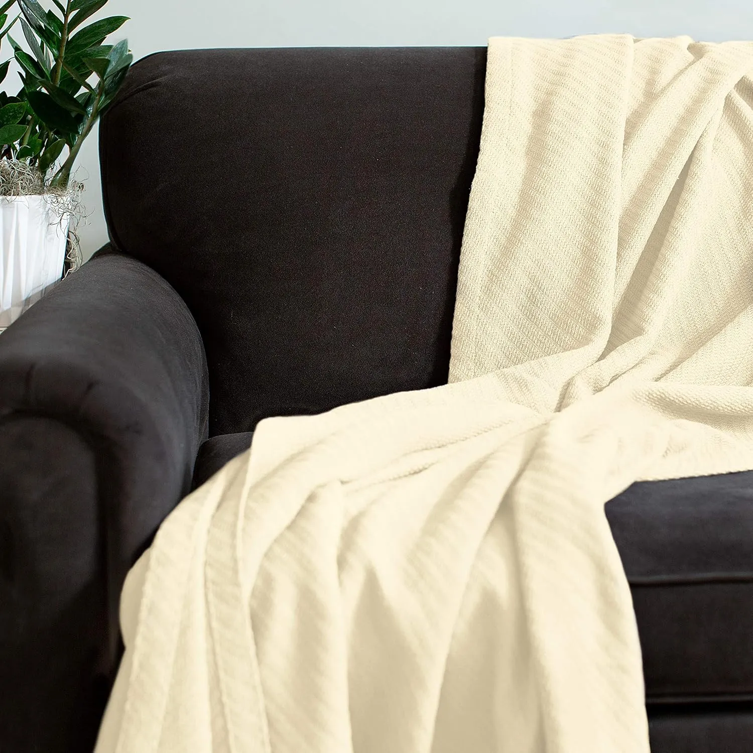 COTTON CRAFT Soft Cotton Thermal Blanket - Plush Herringbone Twill - All Season Luxurious Breathable Skin Friendly Lightweight Cooling Throw Blanket - Sofa Couch Travel Camping Dorm - Full Queen Ivory