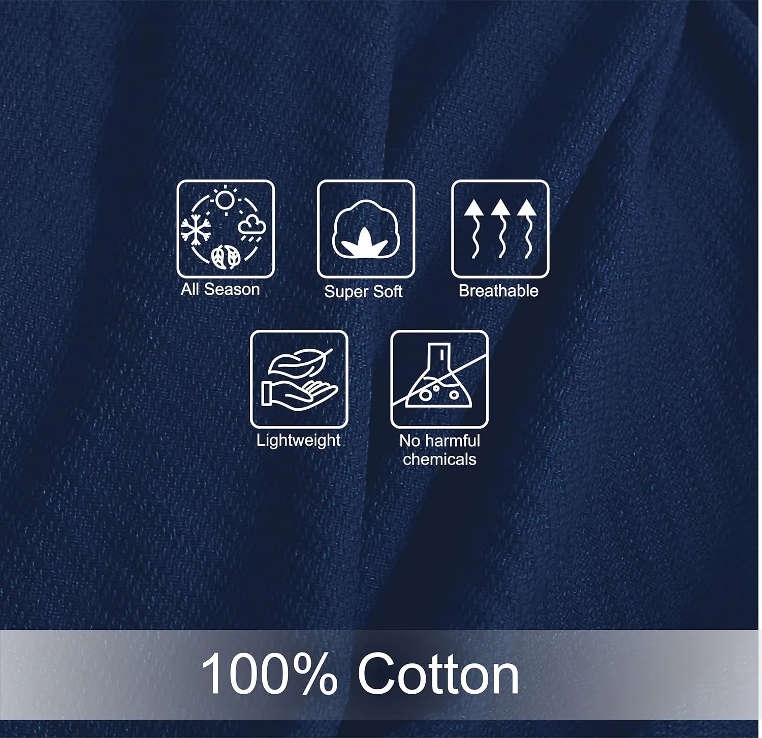 COTTON CRAFT Soft Cotton Thermal Blanket - Plush Herringbone Twill - All Season Luxurious Breathable Skin Friendly Lightweight Cooling Throw Blanket - Sofa Couch Travel Camping Dorm - Full Queen Navy