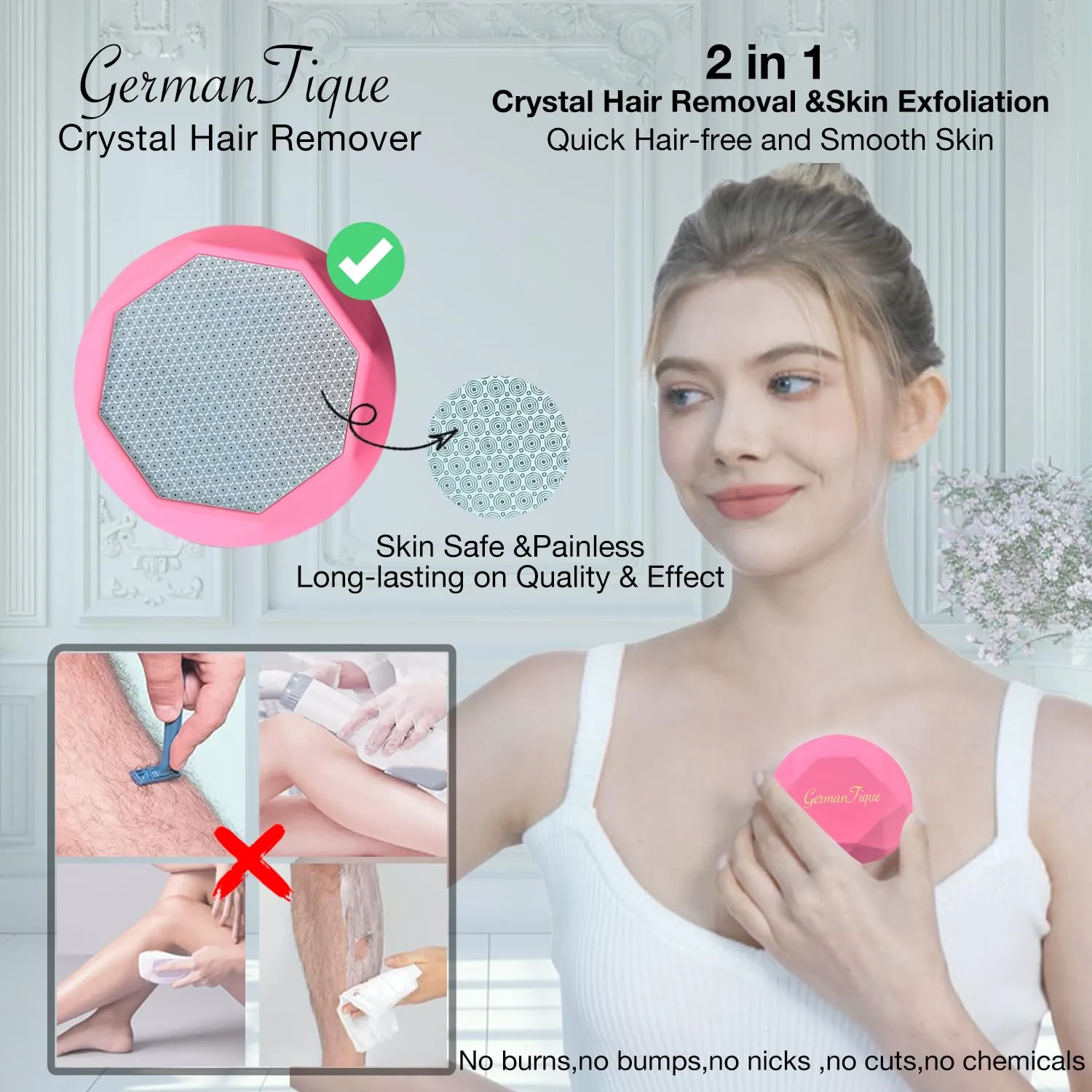 Crystal Hair Eraser,Upgraded Crystal Hair Remover Diamond,Painless and Effective Nano Glass Hair Removal Stone and Skin Exfoliation,Natural Epilator for Women and Men(Rose Pink)