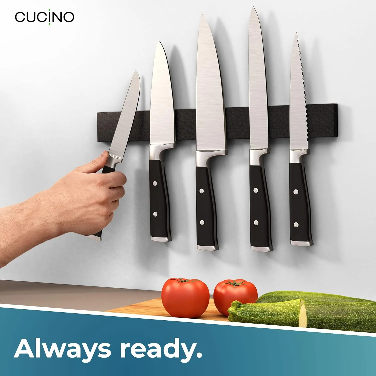 CUCINO Magnetic Knife Holder for Wall 16" No Drilling incl. Self Adhesive Tape - Extra strong Knife Holder - Awarded Knife Magnetic Strip - Made of Stainless Steel - black
