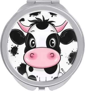 Cute Cow Pattern Compact Mirror Pocket Mirror Small Mirror for Purse Portable Mini Travel Makeup Mirror Folding Handheld Double-Sided Magnifying Compact Mirror for Women Gift