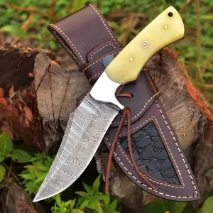Damascus Steel, Bone Handle 9.25 inches Length Handmade Hunting Knife with Leather Sheath Full Tang Outdoor Camping Survival Knife B-034