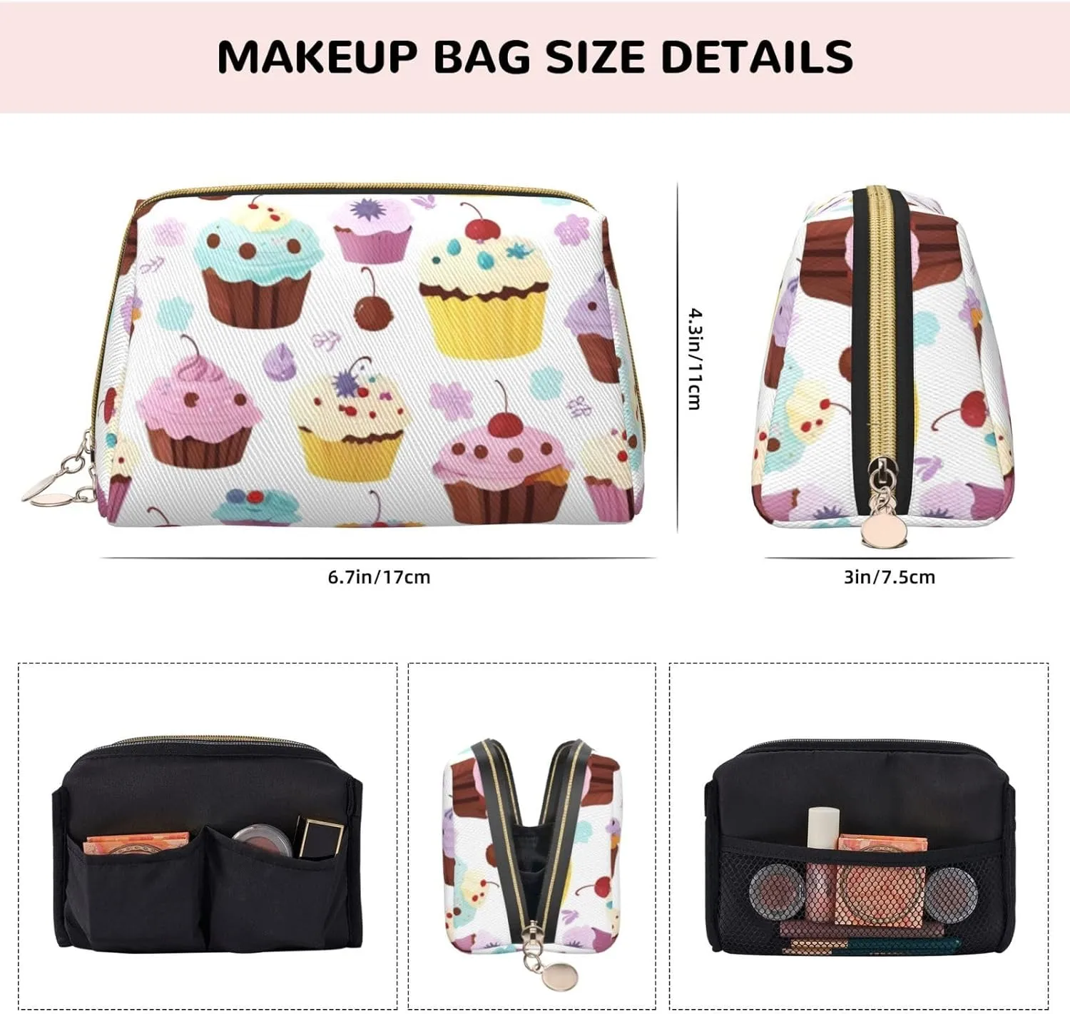 Delicious Cupcakes Toiletry Pouch, Travel-Friendly Makeup Organizer For Makeup Brushes, Lipsticks