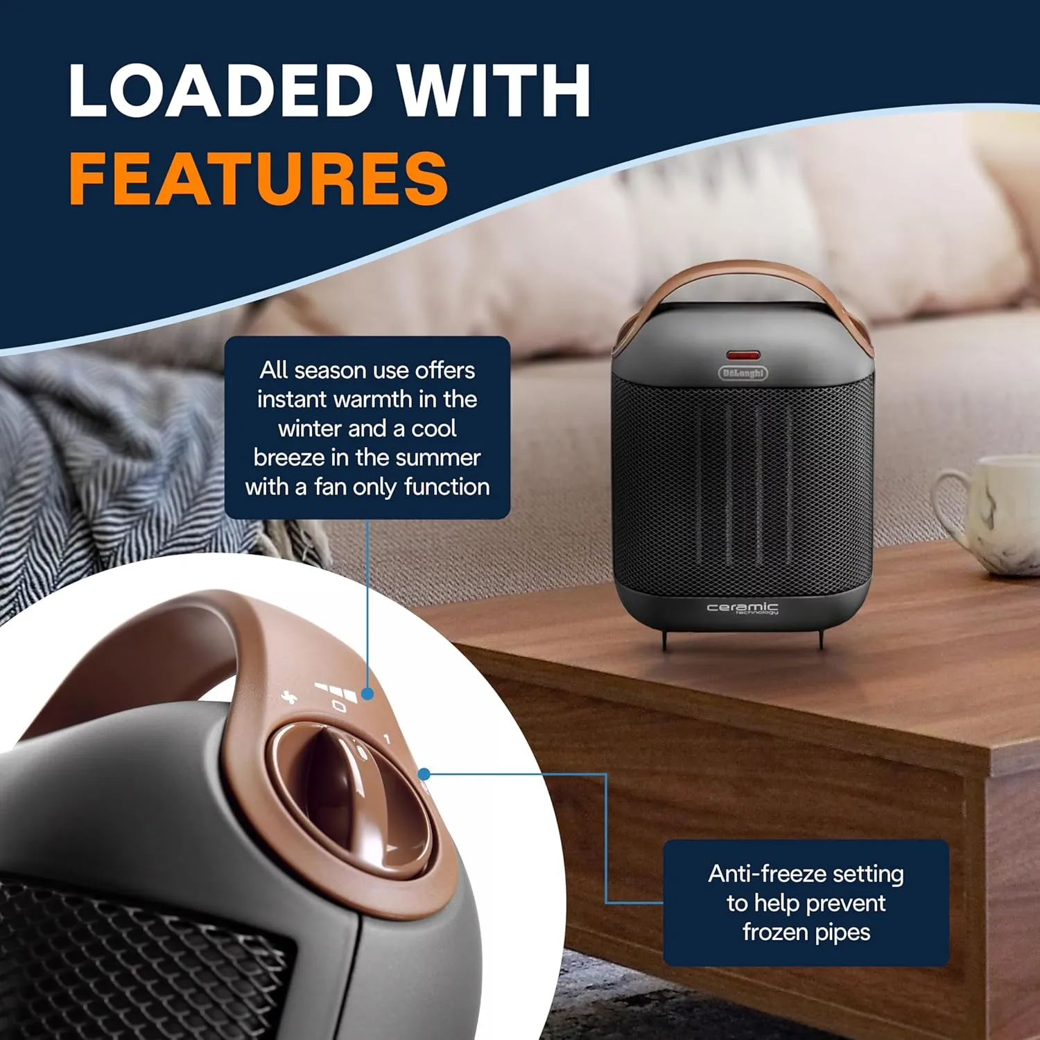 DeLonghi Capsule Electric Space Heater, 1500w compact and stylized portable space heater for indoor use in office bedroom, thermostat, ceramic heater, fan only option, safety features, HFX30C15