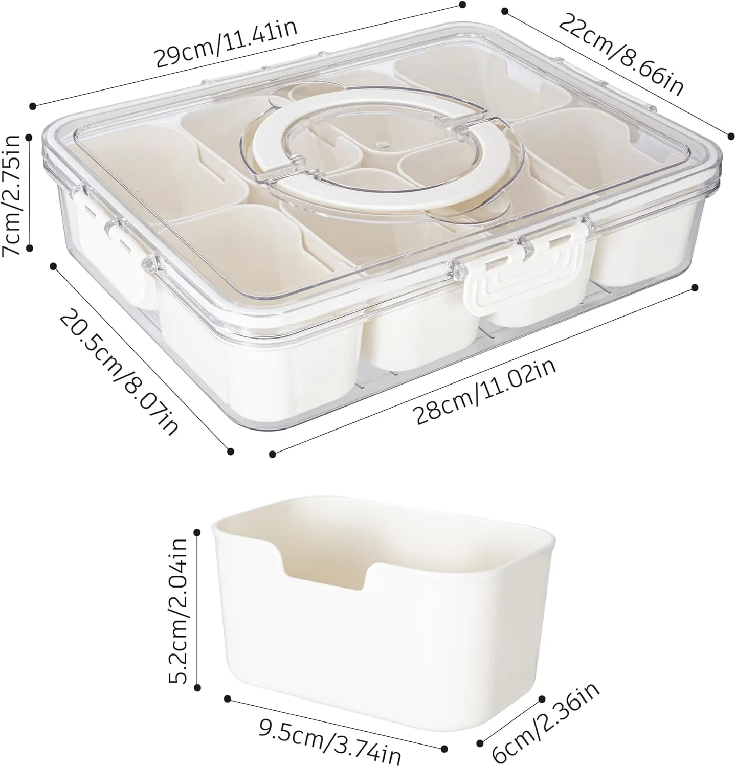 Divided Serving Tray with Lid and Handle - Snackle Box Charcuterie Container for Portable Snack Platters - Clear Organizer for Candy, Fruits, Nuts, Snacks - Perfect for Party, Entertaining