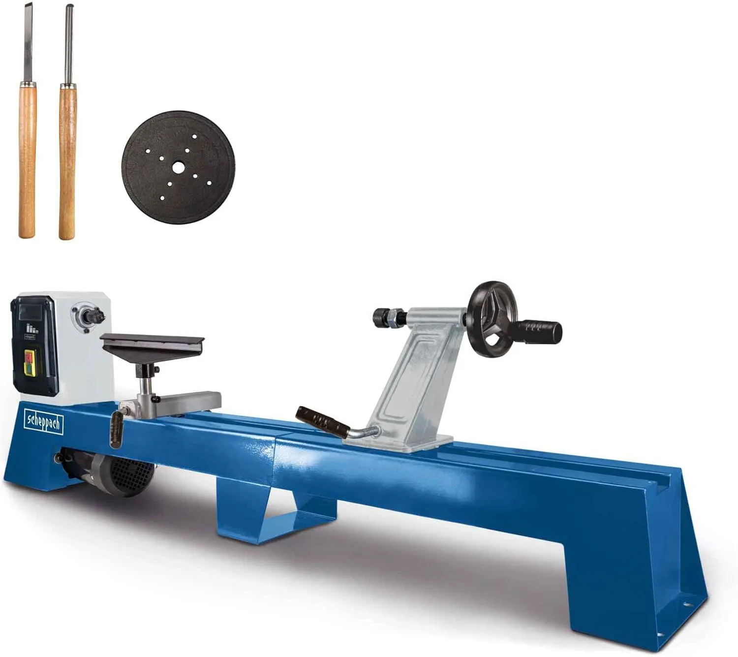 DM1100T Lathe, Turning Machine, 4 Speeds, 400 W, Workpieces up to 1000 mm Length / Diameter 350 mm, M18 Thread Including 4-point centre tip, face disc and two turning irons