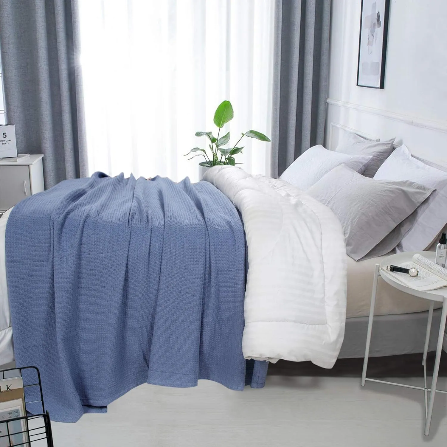 DOLLCENT 100% Cotton Twin Size Blanket for Bed, Premium Soft Combed Lightweight Blankets, Washed Breathable Cozy Bed Throw Blanket, Blue Twin Cotton Blankets for All Season: Blue (66"x90")