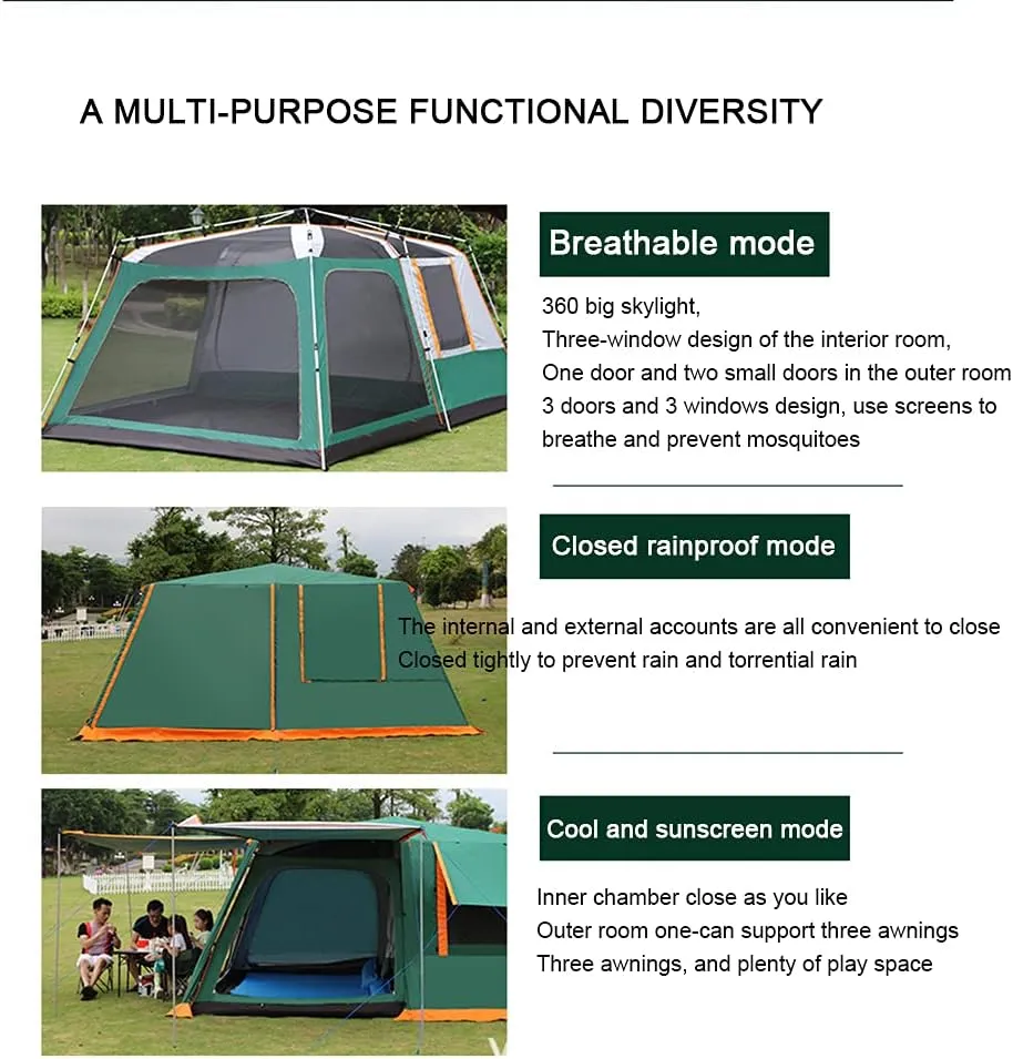 Dome Tent with Porch Automatic Pop Up Tent Sun Shelter Easy Set Up Double Layer Family Camping Tents with Carrying Bag for Outdoor Camping, Fishing, BBQ (Green 8 Person or More) (Green 5) (Green 5)