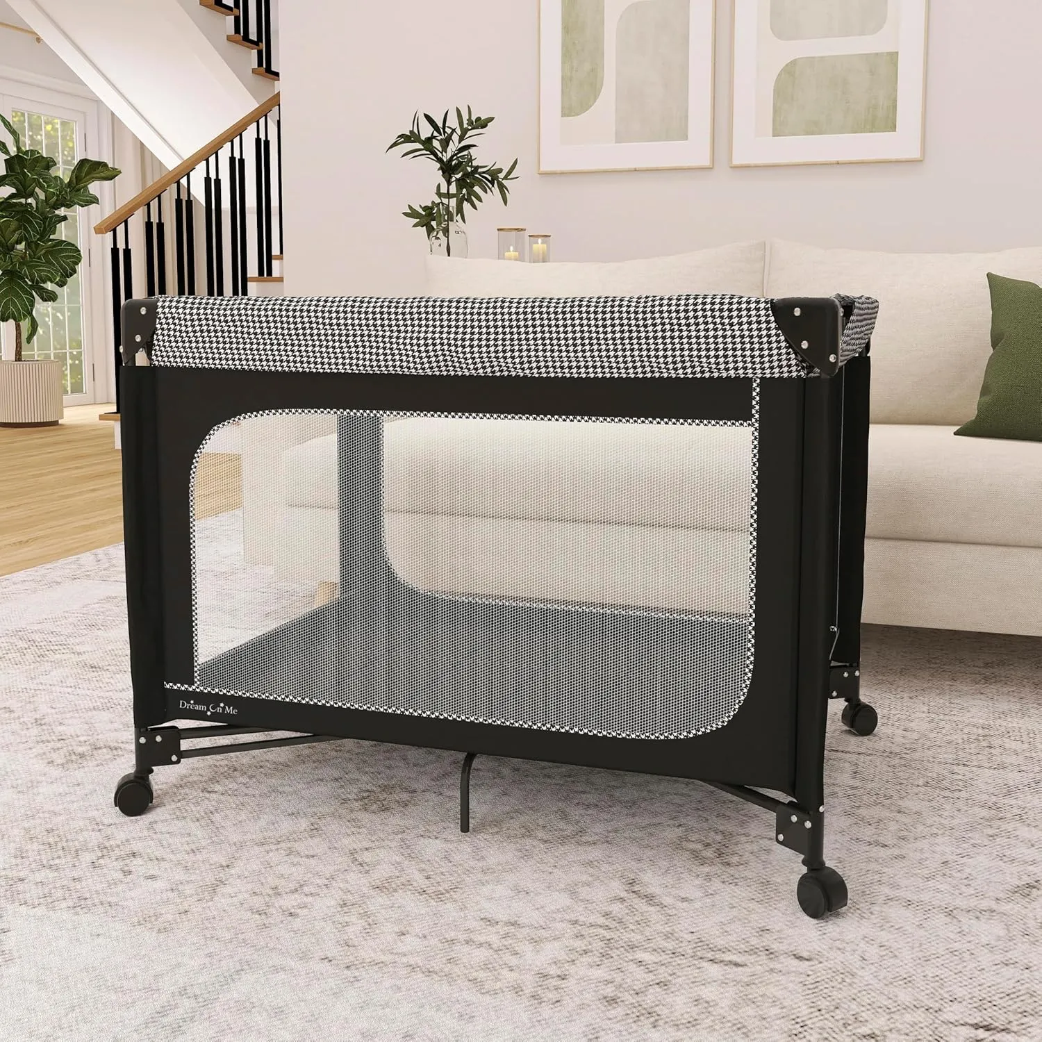 Dream On Me EZGo Portable Playard in Black & White, Compact Easy to Fold and Travel Baby Playard, Breathable Mesh Sides, Carry Bag Included