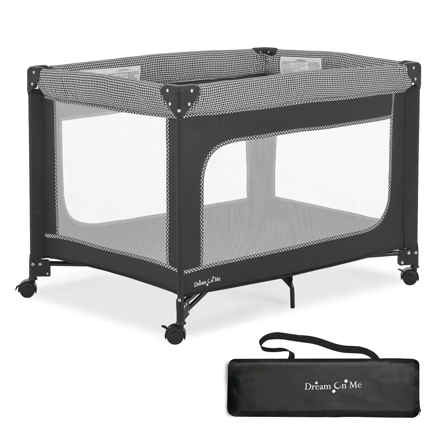Dream On Me EZGo Portable Playard in Black & White, Compact Easy to Fold and Travel Baby Playard, Breathable Mesh Sides, Carry Bag Included