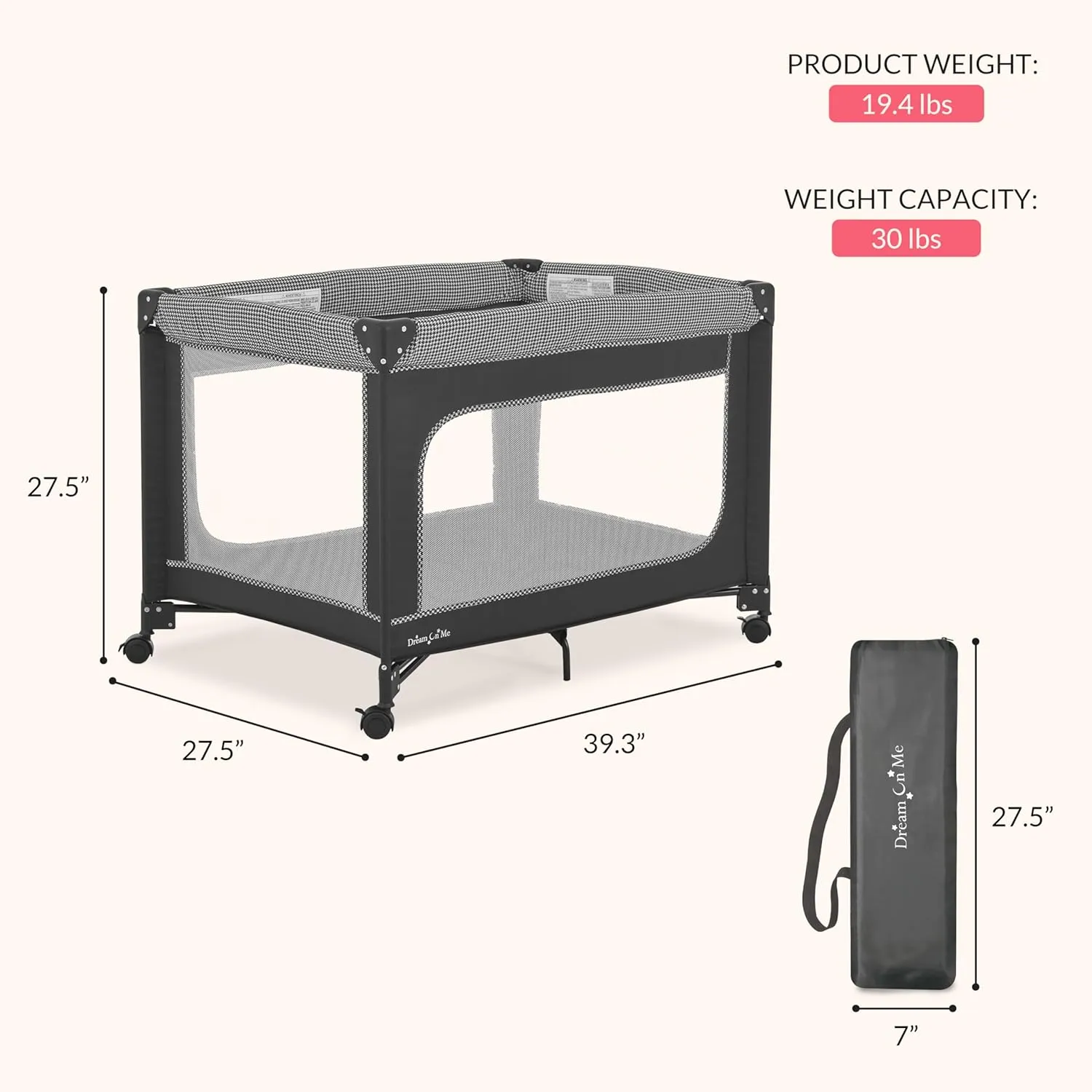 Dream On Me EZGo Portable Playard in Black & White, Compact Easy to Fold and Travel Baby Playard, Breathable Mesh Sides, Carry Bag Included