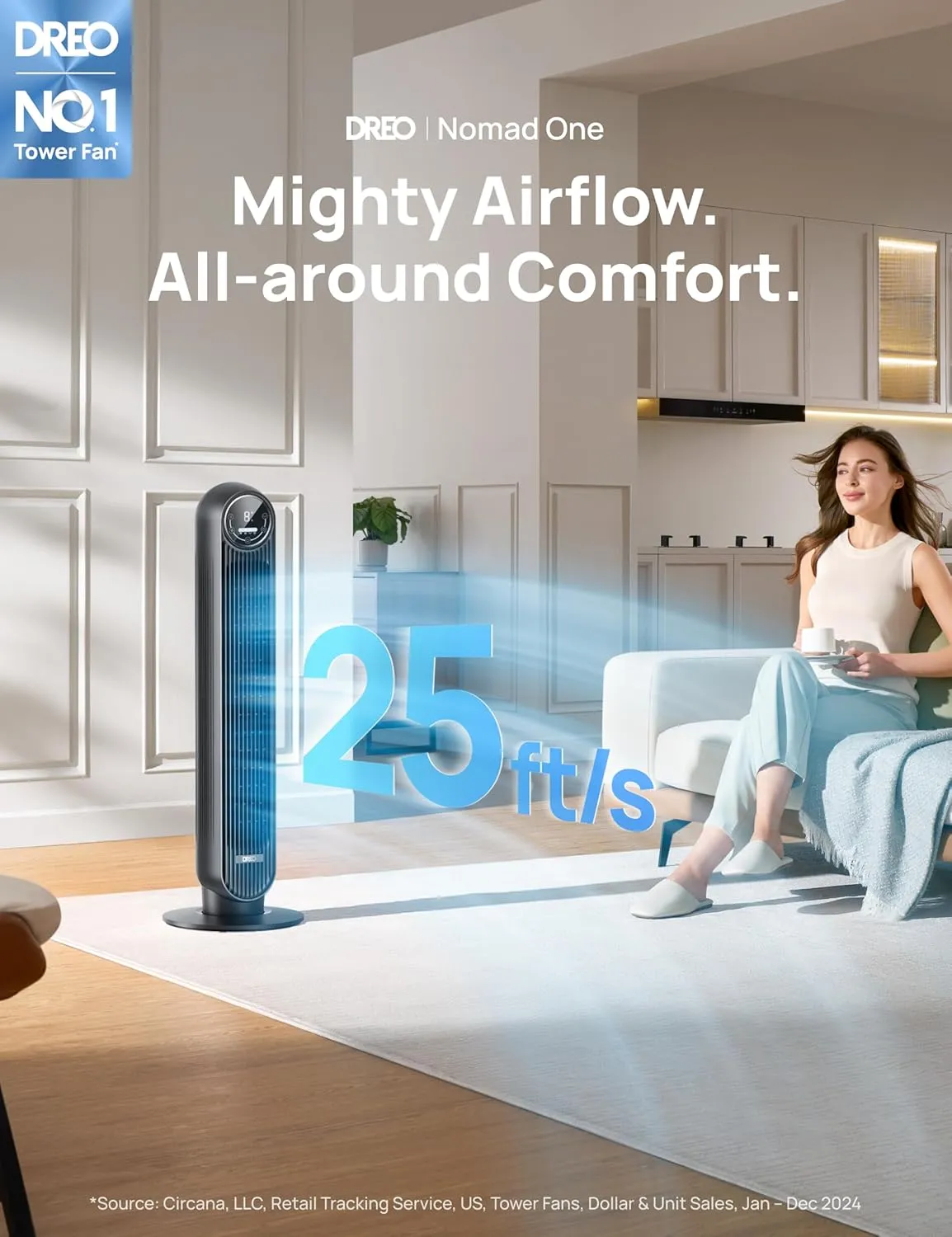 Dreo Tower Fan for Bedroom, 25ft/s Velocity 28dB Quiet Floor Fan, 90° Oscillating Fans for Indoors with 4 Speeds, 4 Modes, 8H Timer, Bladeless Standing Fan, Black, Nomad One (DR-HTF007)
