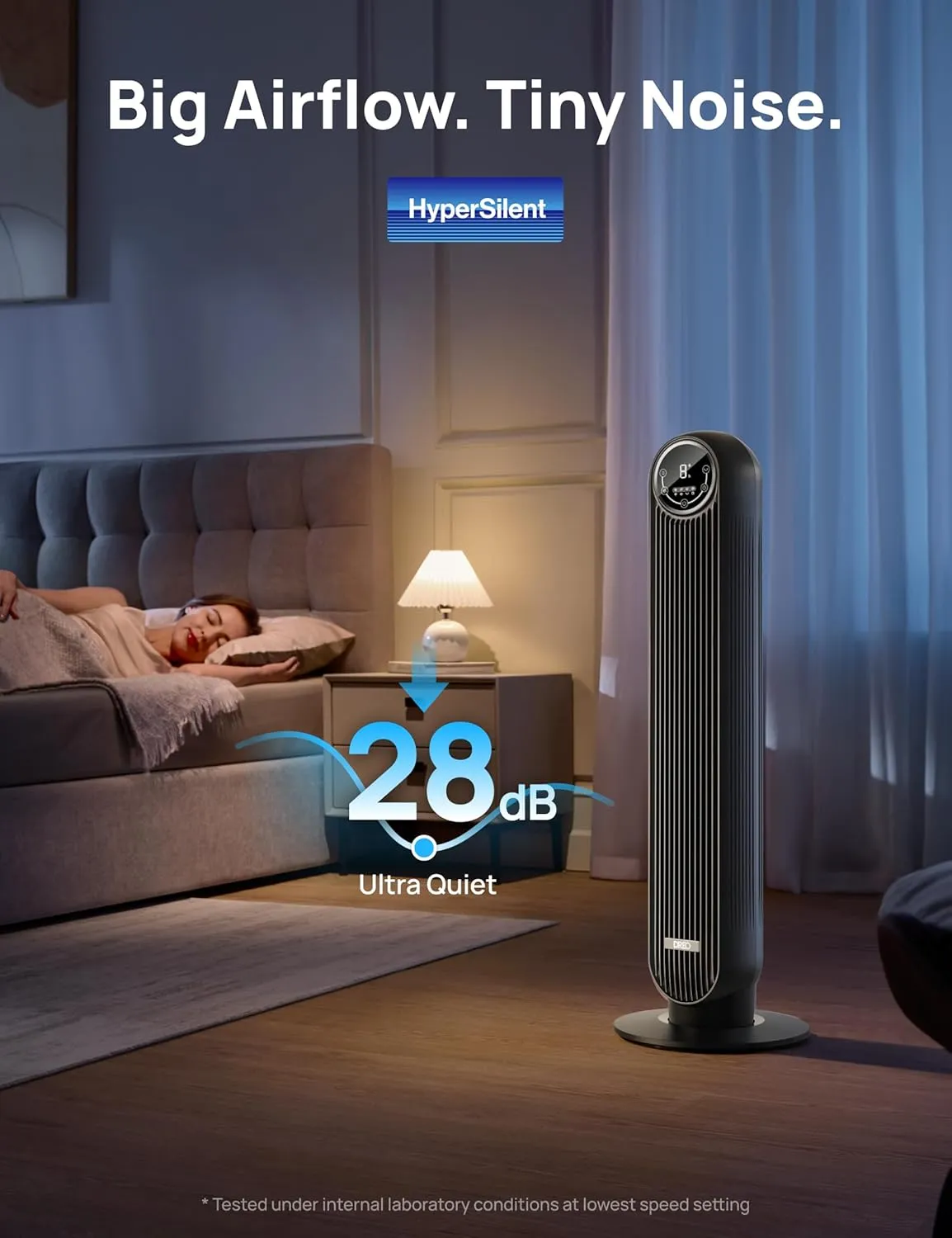 Dreo Tower Fan for Bedroom, 25ft/s Velocity 28dB Quiet Floor Fan, 90° Oscillating Fans for Indoors with 4 Speeds, 4 Modes, 8H Timer, Bladeless Standing Fan, Black, Nomad One (DR-HTF007)