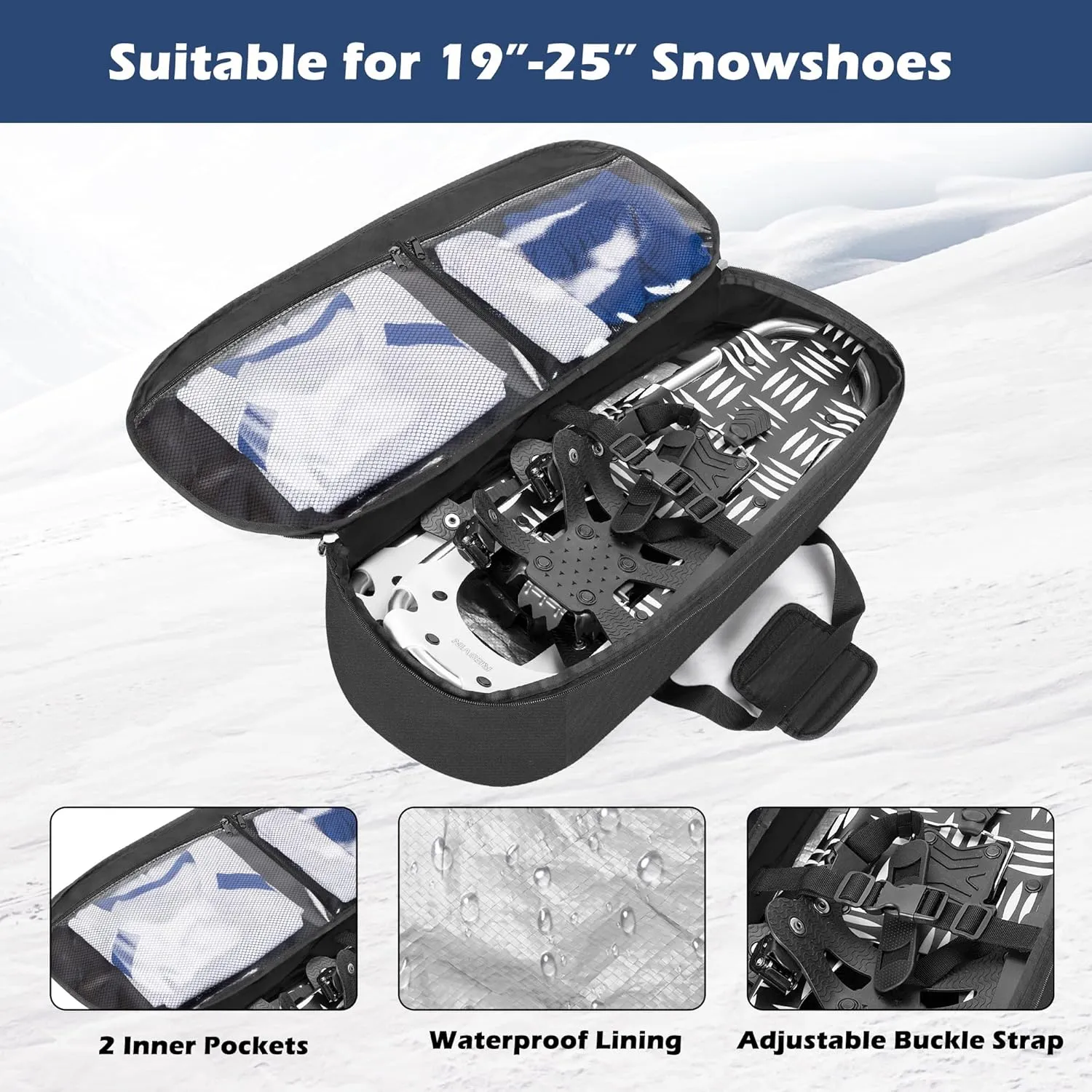 DSLEAF Snow Shoes Bag for 19”-25” Snowshoes, Snowshoes Backpack with Pockets for A Pair of Poles and Other Accessories, Easy to Carry with Shoulder Strap and Handle (Patent Design) Bag Only
