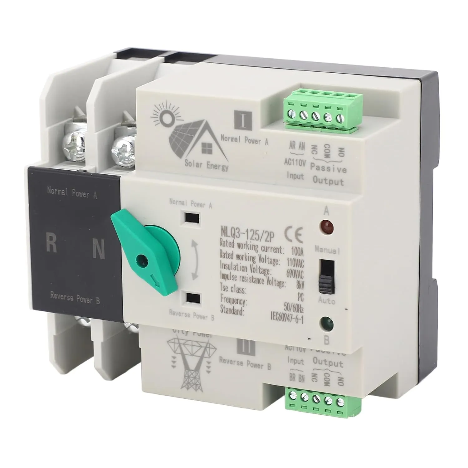 Dual Power Automatic Transfer Switch, 2P 100A AC110V Changeover Switch Automatic Transfer Switch, 50Hz 60Hz Dual Power Toggle Controller Dual Electronic Power Circuit Breaker